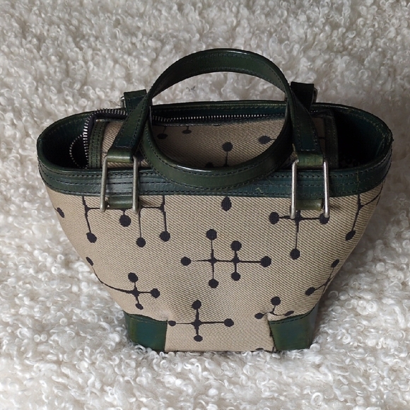 Handbags - Efffy Canvas Tote Bag with Dark Green Leather Trim